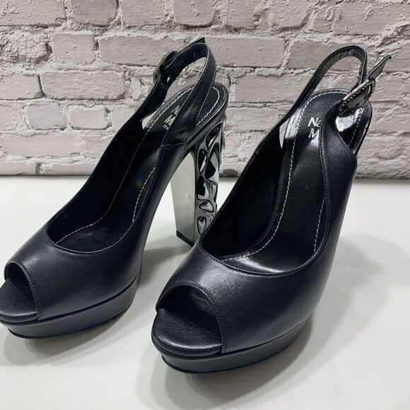 Nando Muzi Women’s Italian Leather Open Toe Jeweled Heels Pumps 36.5 Black - Picture 6 of 16